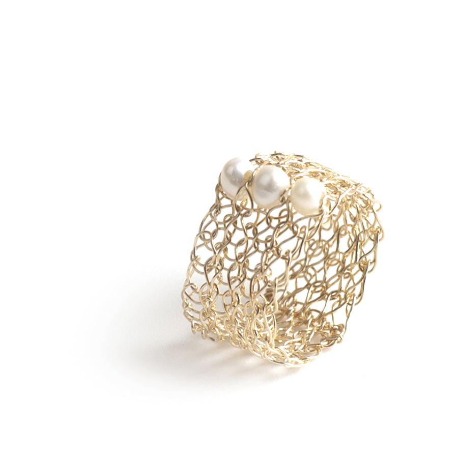 Gold Ring with Sporadic Beads , Wire Crochet Jewelry , Gold Filled Ring 7-8 / Silver
