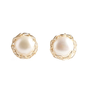 PURE, LARGE Pearl Stud Earrings , Gold Pearl post earrings - Yooladesign