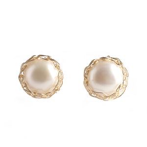 PURE, LARGE Pearl Stud Earrings , Gold Pearl post earrings - Yooladesign