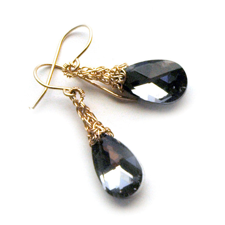 Wire crochet earrings - GRAY Crystal Earrings - Gold drop earrings